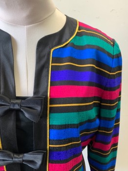 ADRIANA PAPELL, Fuchsia Pink, Purple, Black, Blue, Goldenrod Yellow, Silk, Stripes - Horizontal , Snap Front with Solid Black Bow Ties, Goldenrod Piping, Long Sleeves