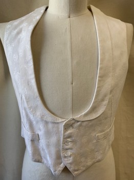 ANTHONY PHILLIPS, Off White, Cotton, Wool, Self Floral Pattern Shawl Lapel, Single Breasted, Button Front, 3 Buttons, Belted Back *Small Stain on Belt