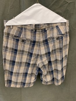 Mens, Shorts, BANANA REPUBLIC, Navy Blue, Taupe, White, Linen, Cotton, Plaid, 34, Flat Front, 4 Pockets, Zip Fly, Belt Loops