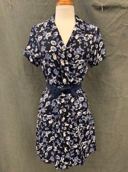 Womens, Dress, Short Sleeve, REFORMATION, Black, Steel Blue, White, Viscose, Floral, 2, Button Front, Short Sleeves, Rounded Collar, Notched Lapel, 2 Pockets, Navy Blue Solid Belt Attached at Back