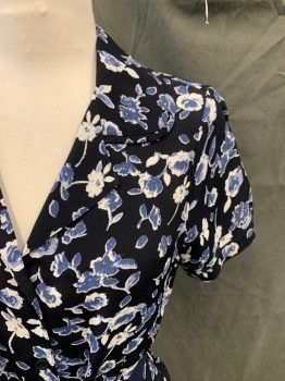 Womens, Dress, Short Sleeve, REFORMATION, Black, Steel Blue, White, Viscose, Floral, 2, Button Front, Short Sleeves, Rounded Collar, Notched Lapel, 2 Pockets, Navy Blue Solid Belt Attached at Back