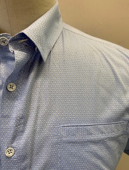 7 DIAMONDS, Lt Blue, Black, White, Cotton, Dots, Lt Blue with Small Black/White Eye Pattern, Button Front, Collar Attached, Button Down Collar, 1 Pocket, Short Sleeves