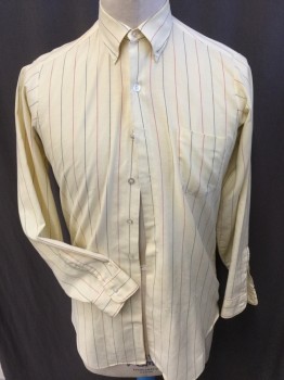 N/L, Yellow, Blue, Red, Cotton, Stripes - Vertical , Collar Attached, Button Down, Button Front, 1 Pocket, Long Sleeves, Curved Hem