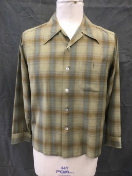 PENDLETON, Olive Green, Lt Blue, Orange, Wool, Plaid, Button Front, Collar Attached, Long Sleeves, 1 Pocket