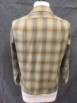 PENDLETON, Olive Green, Lt Blue, Orange, Wool, Plaid, Button Front, Collar Attached, Long Sleeves, 1 Pocket