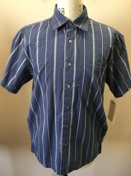 VAN HEUSEN, Dusty Blue, White, Navy Blue, Sea Foam Green, Cotton, Polyester, Stripes - Vertical , Short Sleeves, Button Front, Collar Attached, 1 Pocket, Puckered Fabric