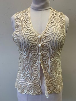 Womens, Vest, N/L MTO, Ivory White, Silk, Swirl , B:38, Open Lacework with Satin Looped Detail, V-neck, 4 Satin Coverred Buttons, Scallopped Hem, Made To Order