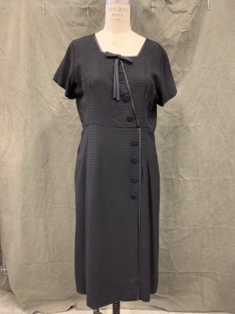 Womens, Cocktail Dress, N/L, Black, Synthetic, Solid, W 34, B 36, Horizontal Ribbing, Faux Button Front, Square Scoop Neck with Satin Trim, Satin Bow, Short Sleeves, Side Zip,