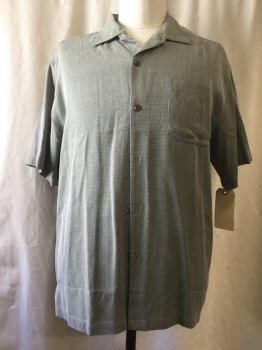 TOMMY BAHAMA, Green, Silk, 2 Color Weave, Button Front, Open Collar Attached, Short Sleeves, 1 Pocket,