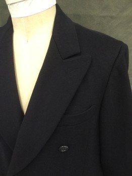 Mens, Coat, Overcoat, N/L, Navy Blue, Wool, Solid, 42, Double Breasted, Collar Attached, Peaked Lapel, 3 Pockets, Long Sleeves