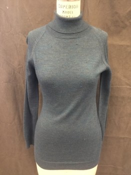 JIG-SAW, Teal Blue, Gray, Wool, Heathered, Ribbed Knit Turtleneck/Cuff/Waistband, Sparkle Beads Scattered Front, Raglan Long Sleeves