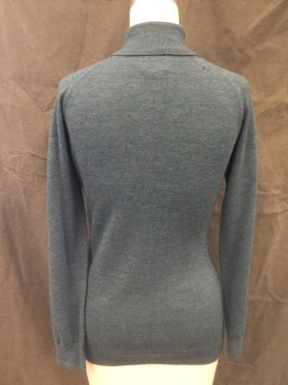 JIG-SAW, Teal Blue, Gray, Wool, Heathered, Ribbed Knit Turtleneck/Cuff/Waistband, Sparkle Beads Scattered Front, Raglan Long Sleeves