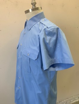 N/L, French Blue, Poly/Cotton, Solid, Short Sleeve Button Front, Collar Attached, 2 Flap Pockets, Epaulettes at Shoulders