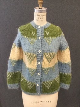N/L, Cream, Lt Blue, Green, Wool, Stripes, Cardigan, Stripes with Triangles, Button Front, Raglan Long Sleeves