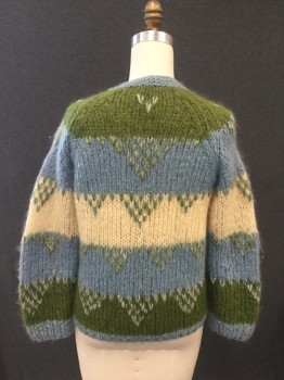 N/L, Cream, Lt Blue, Green, Wool, Stripes, Cardigan, Stripes with Triangles, Button Front, Raglan Long Sleeves