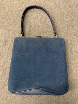 N/L, Blue, Suede, Solid, Square, Silver Snap Hardware, 1 Handle, Navy Leather Piping on Bottom,