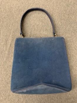 N/L, Blue, Suede, Solid, Square, Silver Snap Hardware, 1 Handle, Navy Leather Piping on Bottom,