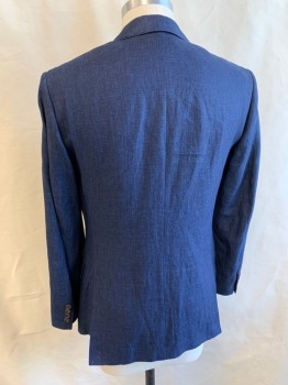 Mens, Sportcoat/Blazer, J CREW, Navy Blue, Blue, Linen, 2 Color Weave, 36S, Single Breasted, 2 Buttons, 4 Pockets, 4 Button Sleeves, Notched Lapel, Double Vent
