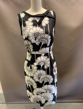 Womens, Dress, Sleeveless, KATE SPADE, Black, White, Cotton, Silk, Floral, 0, CN, with Bow, Gold Zipper at CB.