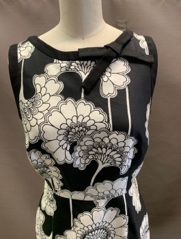 KATE SPADE, Black, White, Cotton, Silk, Floral, CN, with Bow, Gold Zipper at CB.