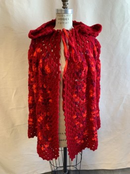 Womens, Cape/Poncho, N/L, Cranberry Red, Ruby Red, Neon Orange, Acrylic, Abstract , O/S, Crotchet, Open Front, Neck Tie, Hood with PomPom, Dotted Hem Edge