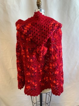 Womens, Cape/Poncho, N/L, Cranberry Red, Ruby Red, Neon Orange, Acrylic, Abstract , O/S, Crotchet, Open Front, Neck Tie, Hood with PomPom, Dotted Hem Edge