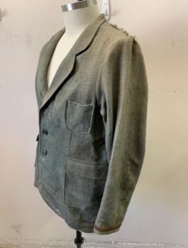 Mens, Jacket, MTO, Gray, Wool, Solid, 48L, Blazer, Itchy Wool, 3 Buttons, Notched Lapel, Un-Lined, 3 Patch Pockets, Coarsely Mended Shoulders, Brown Gimp Trim at Cuffs, Aged/Worn Throughout, Aged/Distressed,