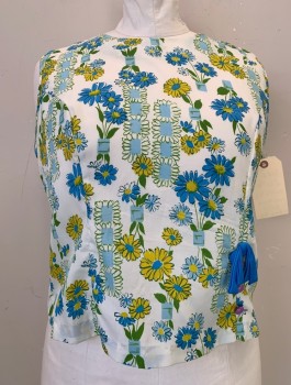Womens, Shirt, NL, White, Blue, Lt Beige, Green, Yellow, Synthetic, Floral, B 42, Round Neck,  Sleeveless, Purple Buttons & Blue Bow, Zip Back,