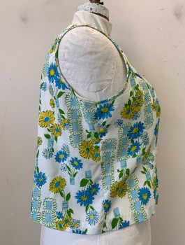 Womens, Shirt, NL, White, Blue, Lt Beige, Green, Yellow, Synthetic, Floral, B 42, Round Neck,  Sleeveless, Purple Buttons & Blue Bow, Zip Back,