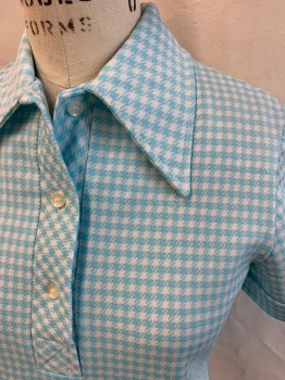 Womens, 1970s Vintage, Piece 1, CATALINA, Lt Blue, White, Synthetic, Houndstooth, W28, B34, Shirt, Short Sleeves, Polo, 3 Buttons, Cuffed Sleeves