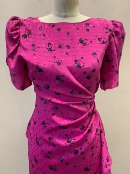 Womens, Dress, Alison Peters, Magenta Pink, Black, Polyester, Squares, Floral, W26, B32, Puff Short Sleeves, Boat Neck, Crossover, 4 Side Buttons, Flared Back Skirt, Side Ruffles