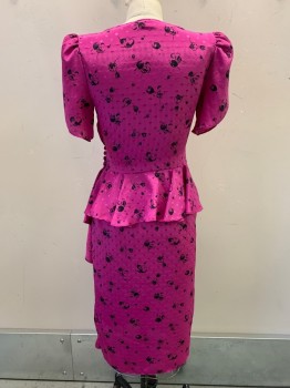 Womens, Dress, Alison Peters, Magenta Pink, Black, Polyester, Squares, Floral, W26, B32, Puff Short Sleeves, Boat Neck, Crossover, 4 Side Buttons, Flared Back Skirt, Side Ruffles
