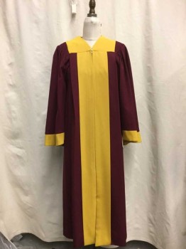 Unisex, Choir Robe, MURPHY ROBES, Red Burgundy, Yellow, Synthetic, Solid, C38, Burgundy, Yellow Trim, Zip Front, 1 Closure, Pleated Shoulders, Long Sleeves,