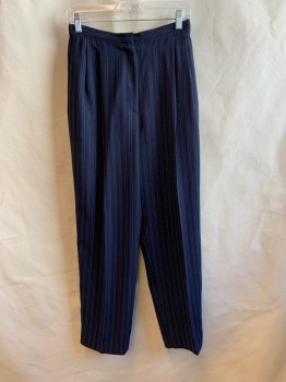 VALERIE STEVENS, Navy Blue, White, Polyester, Stripes - Vertical , Pleated Front, 2 Pockets, Zip Fly
