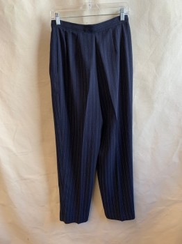VALERIE STEVENS, Navy Blue, White, Polyester, Stripes - Vertical , Pleated Front, 2 Pockets, Zip Fly