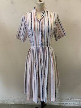 Womens, Dress, NL, White, Blue, Red, Yellow, Beige, Polyester, Stripes, W29, B32, S/S,collar Band ,3 Button Top Pleated Skirt,over stitched Waist, Open Weave ,printed Design Stripes
