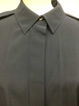 Womens, Blouse, ANN TAYLOR, Navy Blue, Silk, Solid, 10, Collar Attached, Epaulettes, Hidden Button Front, Long Sleeves with French Cuffs, and ( 2 Pr. OF CUFF LINKS ATTACHED), See Photo Attached,