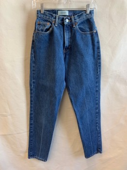 Womens, Jeans, GAP, Denim Blue, Cotton, Solid, W25, 4, Zip Fly, Bttn. Closure, Top Pockets, Belt Loops, 2 Back Patch Pockets, Tapered Leg, *Brown Stain At Back Right Leg