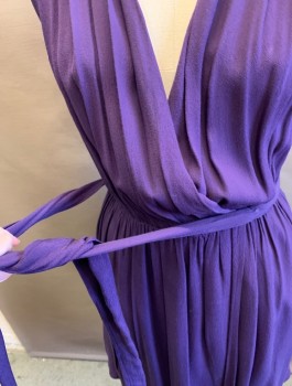 Womens, Dress, Sleeveless, MAEVE, Aubergine Purple, Rayon, Solid, B34, S, W26, Crepe, Surplice V-neck, Gathered at Waist and Shoulder Seams, Elastic Waist, Faux Wrap Dress, Hem Above Knee,  **With Matching Fabric Belt