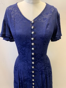 Jody California, Navy Blue, Rayon, Floral, S/S, V Neck, Pearl button Front, Layered Sleeves, Back Cross Tie,