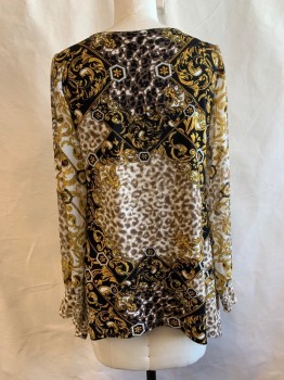 Womens, Top, ALFANI, Gold, Brown, White, Black, Polyester, Spandex, Floral, Animal Print, M, V-N, L/S, Knot at Bust, Sheer Sleeves, Leaves and Geo Print Mixture