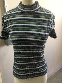 Womens, T-Shirt, BASIC EDITIONS, Baby Blue, Red Burgundy, Green, Olive Green, White, Polyester, Cotton, Stripes, M, Pull Over, Mock Neck, Short Sleeves