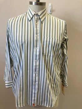 Mens, Shirt, TOWNCRAFT, 33, 17, Cream with Olive Black & Seafoam V-stripes, Cotton Polyester, L/S, B.F., C.A., 1 Pckt,