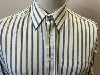 TOWNCRAFT, Cream with Olive Black & Seafoam V-stripes, Cotton Polyester, L/S, B.F., C.A., 1 Pckt,