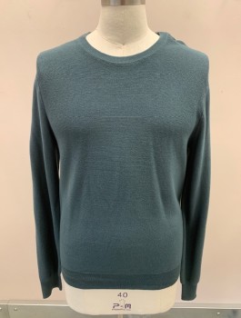 Mens, Pullover Sweater, JCREW, Dk Teal, Cotton, Solid, M, CN, L/S, Weft Rib Knit