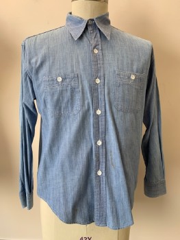 KING KOLE, Lt Blue, Cotton, Heathered, L/S, B.F., C.A., Chest Pockets, Stained