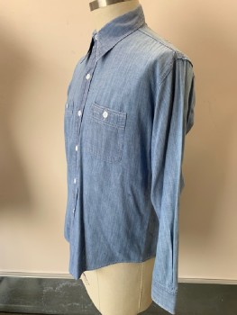KING KOLE, Lt Blue, Cotton, Heathered, L/S, B.F., C.A., Chest Pockets, Stained