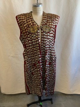 Mens, Historical Fiction Vest, MTO, Dk Red, Bronze Metallic, Synthetic, Metallic/Metal, Stripes, OS, Open Front, Circular Metal Coins, Metal Patches On Front with Light Brown Stones, One Diamond Shaped Patch On Back, Hook Closure *Some Coins Are Coming Off*