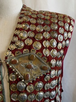 Mens, Historical Fiction Vest, MTO, Dk Red, Bronze Metallic, Synthetic, Metallic/Metal, Stripes, OS, Open Front, Circular Metal Coins, Metal Patches On Front with Light Brown Stones, One Diamond Shaped Patch On Back, Hook Closure *Some Coins Are Coming Off*