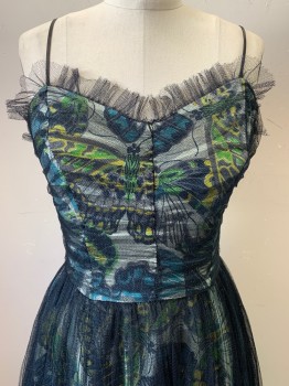 Womens, Evening Gown, NO LABEL, Black, Blue, Yellow, White, Lime Green, Polyester, Insects Print, W25, B32, Spaghetti Strap, V Neck, Butterfly Print with Tulle Layer on Top, Ruffled Trim, Side Zipper